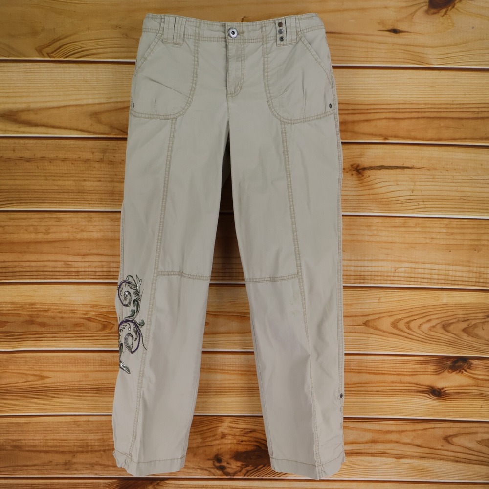 Massini Pants Womens Sz 6 Brown Embroidered Accent Mid Rise Pockets Straight Leg